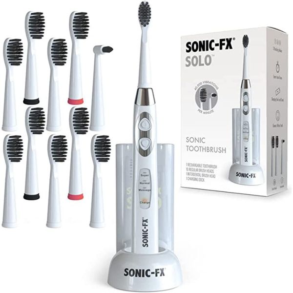 Sonic-FX Solo Electric Toothbrush w/ 10 Brush Heads + 1 Interdental, Charcoal Bristles, Rechargeable, Charging/Storage Base, 3 Brush Modes, Smart Timer, 2 Months Use on Full Charge, White Color