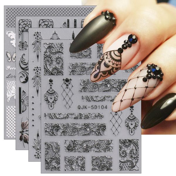 JMEOWIO 3D Bianco Nero Fiore Adesivi Unghie Nail Art, Stickers Unghie Autoadesivi 5D Decorazioni Unghie Nail Art Disegni 4 Fogli