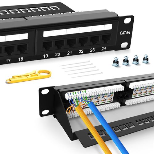 Patch Panel 24 Port Cat6A【EC Listed】 Rackmount Punch Down 1U 19 inch RJ45 Network Patch Panel for 10 Gigabit Network,110 or Krone Impact Tools Compatible (Cat6A 24 Port Patch Panel)