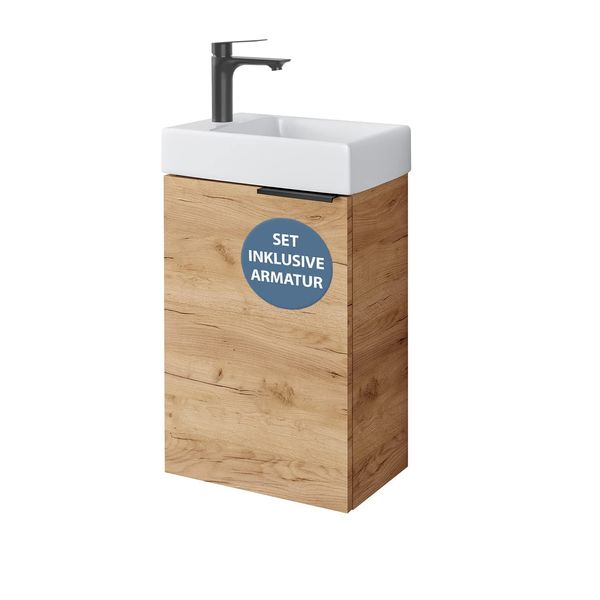 Planetmöbel Waschtischunterschrank mit Keramikwaschbecken 40cm in Gold Eiche mit Armatur in Schwarz matt, Badmöbelset für Badezimmer, Gäste WC