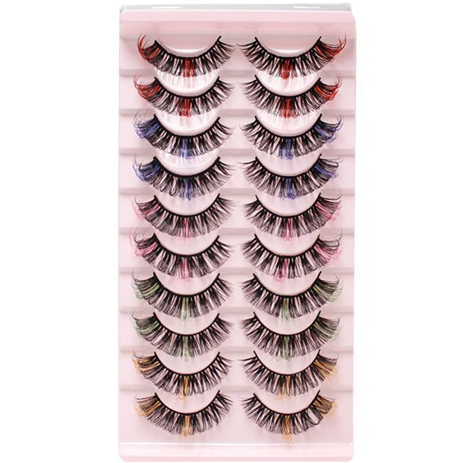 Russian Multi-colored D Curl Strip Lashes Colored Pink Blue Purple Fluffy Wispy Fake Eye Lashes Pack Short Soft Reusable False Lashes 10 Pairs (Mix-02)