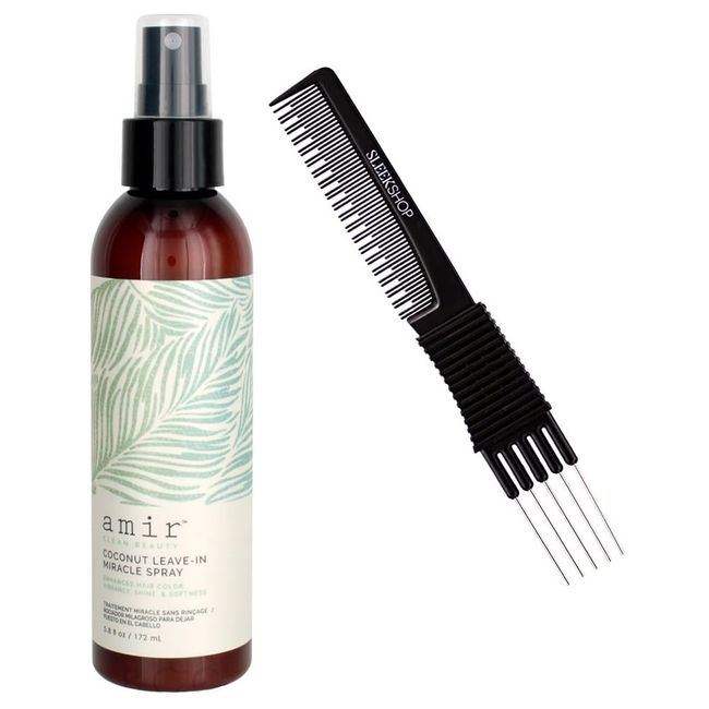 Sleekshop Comb + AMlR Clean Beauty COCONUT LEAVE-IN MIRACLE SPRAY, Argan + Coconut Oil, Leave in Hair Conditioning Hairspray (w/Premium Teasing Comb) (Coconut Miracle Leave-In Spray (5.8 oz))