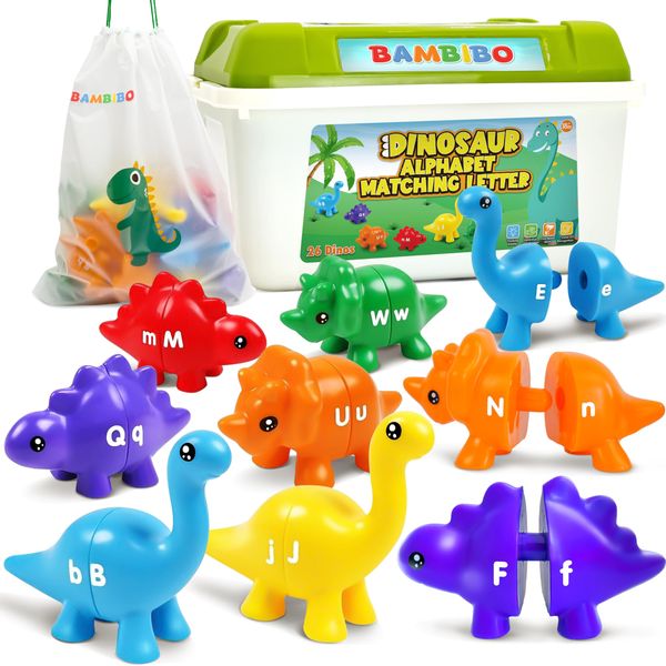 Bambibo Dinosaur Alphabet Learning Toys - 52pcs in Storage Box | 26 Double Sided Dino Matching Toys | Preschool Toys for Classroom | Dinosaur Letter Matching Toy | Matching Games for Toddlers 3-5