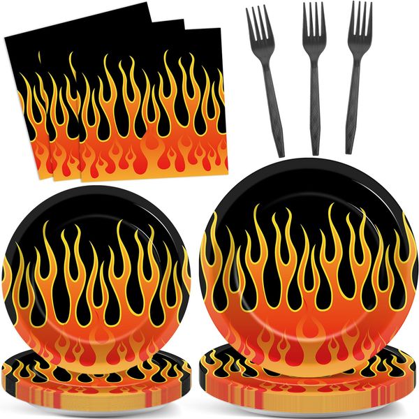 96Pcs Flame Racing Party Plates and Napkins for Fire Flame Birthday Party Supplies Motorcycle Themed Paper Dessert Plates Fire Heroes Tableware Set for Kids Boys 24 Guests Birthday Party Decorations