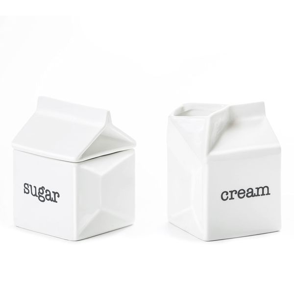 Ceramic Sugar and Creamer Set, Milk Carton Shaped White Cream Jug and Sugar Bowl with lid