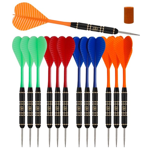 Steel Tip Darts Set |12 pc Bar Darts; 3 of Each Color; Perfect Fun Darts for 4 Players Throwing Metal Tip On Dartboard in Family Game Room, Man Cave (20g Black Brass-STC10435)