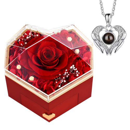 Forever Rose for Women Mum Wife Girlfriend Preserved Eternal Rose Flower Gift Box with I Love You Necklace for Her Perfect Present for Birthday Anniversary Christmas Valentine's Day
