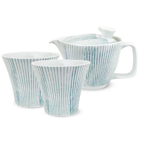 J Kitchens Shozan Kiln Teapot Set, Hasami Ware, Made in Japan (Teapot, Pair of Tea Cups, Stylish Teaware Set, 8.5 fl oz (240 cc, 130 cc), For 1 - 2 People, With Tea Strainer, Striped, Light Blue