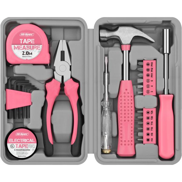 Hi-Spec 24pc Pink Household DIY Tool Kit for Women. Small Mini Tool Box Set of Starter Basic Ladies Tools for Home & Office