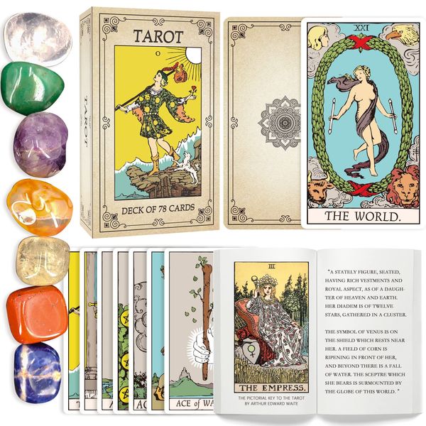 78 Tarot Cards with Guide Book and 7 Chakra Stones, Tarot Deck Cards for Beginners Expert Readers, Witch Spiritual Gifts for Women(Gold)