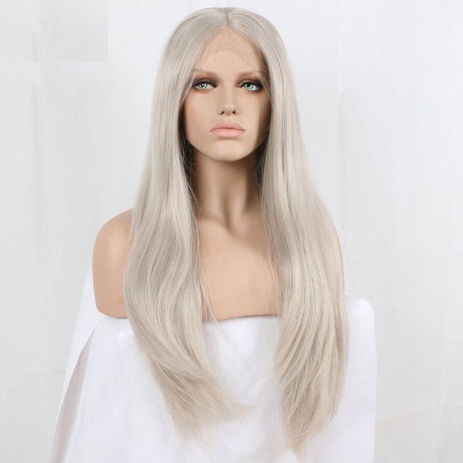Xiweiya Wigs Platinum Ash Grey Lace Front Wigs Silver Grey Wigs Long Natural Straight Hair Wigs For Women Heat Resistant Fiber Long Grey Wigs Middle Part