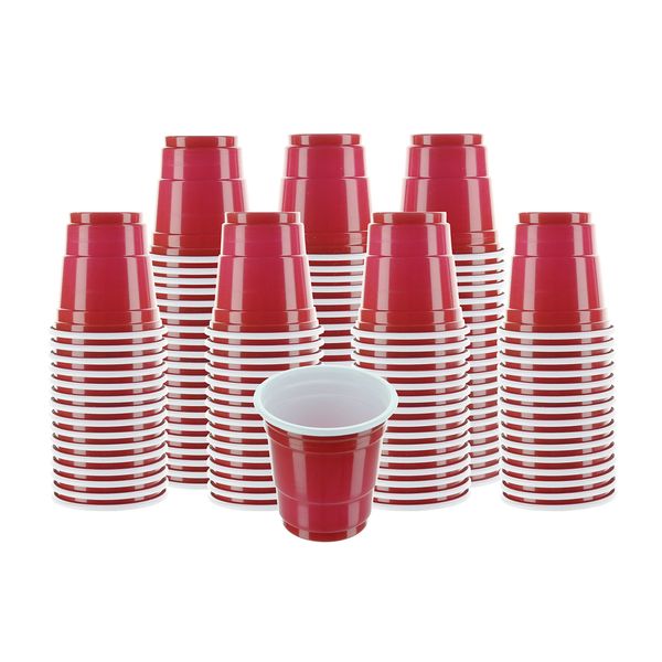 PARTY BARGAINS 2oz Plastic Shot Glasses - (120 Pack) Mini Red Disposable Plastic Shot Cups, Jello Shots, Perfect Size for Serving Condiments, Snacks, Samples and Tastings