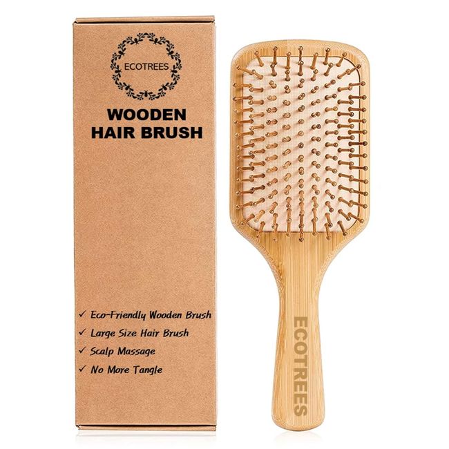 Hair Brush-Natural Wooden Bamboo Bristles Paddle Hairbrush Large. Eco-Friendly Massage Scalp & Detangling All Hair Types. No More Tangle.