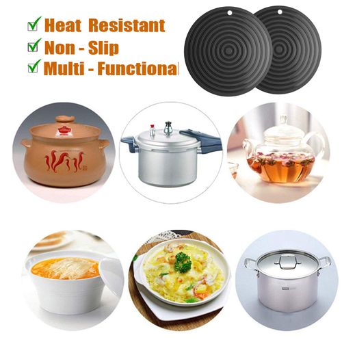 2 Pack,Silicone Trivet Mats/Hot Pads,Pot Holder,9.45"Diameter Non Slip Flexible Durable Heat Resistant Pot Coaster Kitchen Table Mats (Round Black)