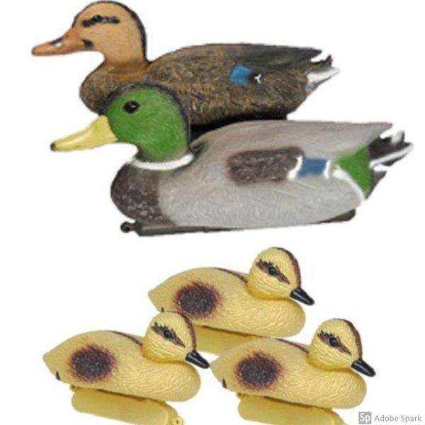 Pond H2o Floating Duck Decoy Family Pack, Contains One Male Mallard (Drake), One Female Mallard (Hen) and 3 Ducklings, Decoy, Yard Decoration