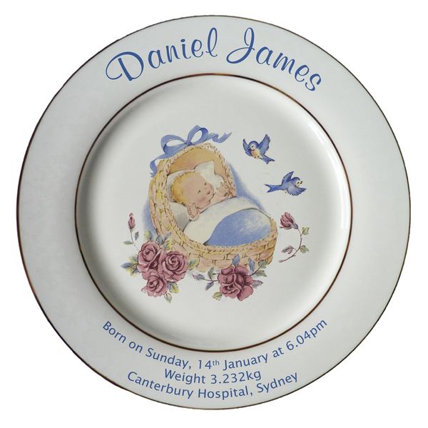 Personalised Baby Birth Plate -Blue Cradle Design on a Plate with 2 Platinum Bands