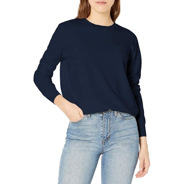 QUALFORT Women's Navy Blue Crewneck Sweater Pullover Soft Knitted Sweaters Navy Small