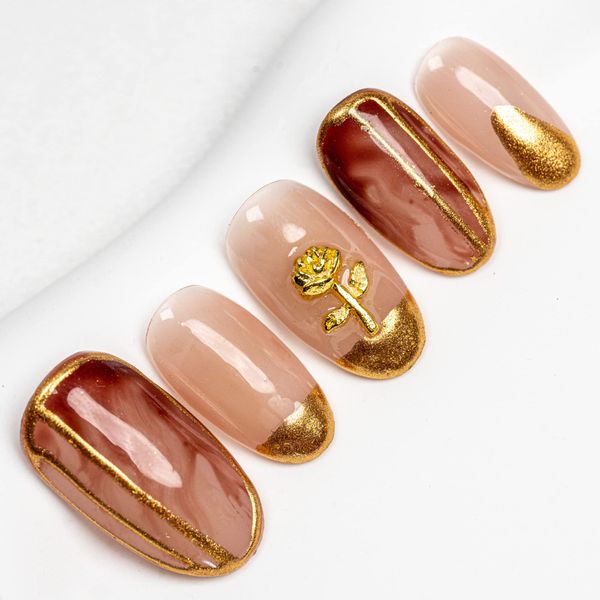 Sun&Beam Nails Handmade Nail Tips, Medium, Long, Oval, Brown, Gold, Flowers, Popular, 3D, Fashionable, Cute Design, Lion, False Nails, Includes Storage Box, Pack of 10 (#15, Golden Rose, Brown, L)