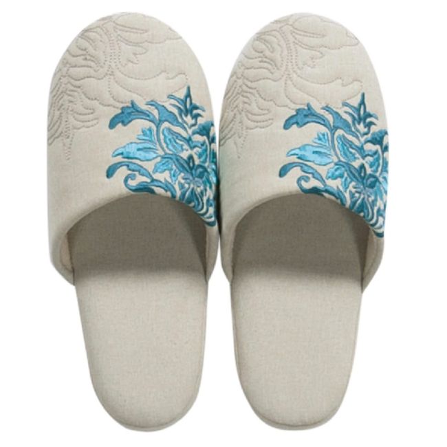 SENKO DECORMUSEE 64895 Samira 2 Slippers, Blue Gray, Damask Embroidery, Lightweight, Washable, One Size Fits Most