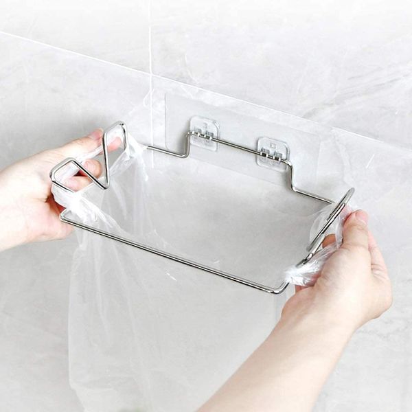 Hanging Trash Bag Holder, Stainless Steel Garbage Bag Hanging Rack Wall Mounted Adhesive Rubbish Bag Hanger for Kitchen Cupboard Cabinets Waste Bag Holder Shelf