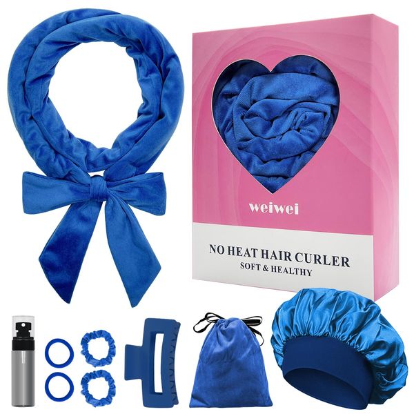 weiwei Lockenwickler Über Nacht, Samt Heatless Overnight Curls Band Locken ohne Hitze, 70" Haarwickler DIY Hair Curler Rollers Lockenband, 9 Stück Locken Set mit Schlafmütze für Langes Haar (Blau)