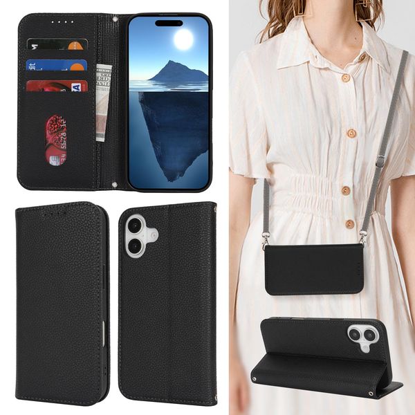 【Hamany】 iPhone 16 Case Shoulder Folio iPhone 16 Case Strap Card Storage Stand Function iPhone 16 Case Shoulder Magnetic Leather Smartphone Case iPhone 16 Notebook Type Shock Resistant Durable