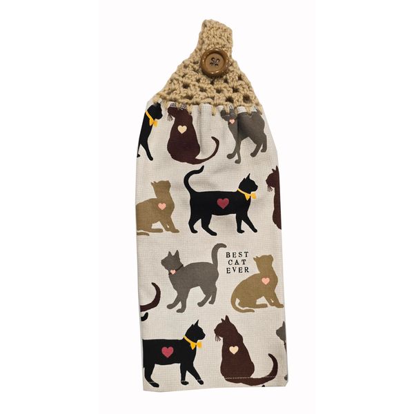 Handcrafted Buff Crochet Topped Best Cat Ever Kitchen Towel Pair