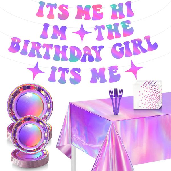 Its Me Hi Im The Birthday Girl Its Me Decorations, 99 Pcs Iridescent Pink Birthday Decorations Tableware Set Include Birthday Banner, Tablecloth, Disco Party Plates, Napkins and forks for 24 Guests