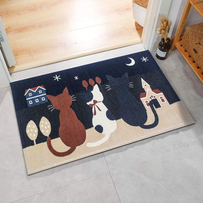 Entrance Mat, Cat Pattern, Washable, Thin, Entrance Mat, Indoor/Indoor Washroom Mat, Stylish, Anti-Slip, Abrasion Resistant, Odor Resistant (Navy Blue, 19.7 x 31.5 inches (50 x 80 cm)