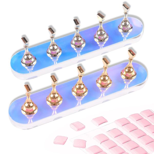 ANGNYA 2 Set Nail Stand ,Aurora Nail Holder for Painting Nail Stand for Press on with 96 Pcs Reusable Sticky Putty Nail Display Stand Nail Hand Practice Magnetic Nail Art Tools (Round)