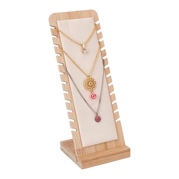 PH PandaHall 12 Slots Necklace Jewellery Display Stand Wood Necklace Holder Jewellery Tabletop Display Boards Long Chain Handing Showcase Organizer with Leather for Necklaces Pendants Bracelets