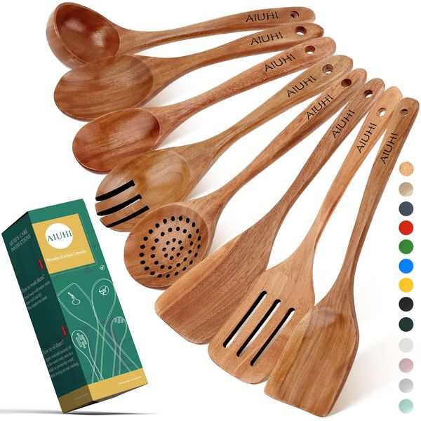 Wooden Spoons for Cooking,Nonstick Kitchen Utensil Set, Non Scratch Natural Teak Wooden Utensils for Cooking(Teak 8 Pack)