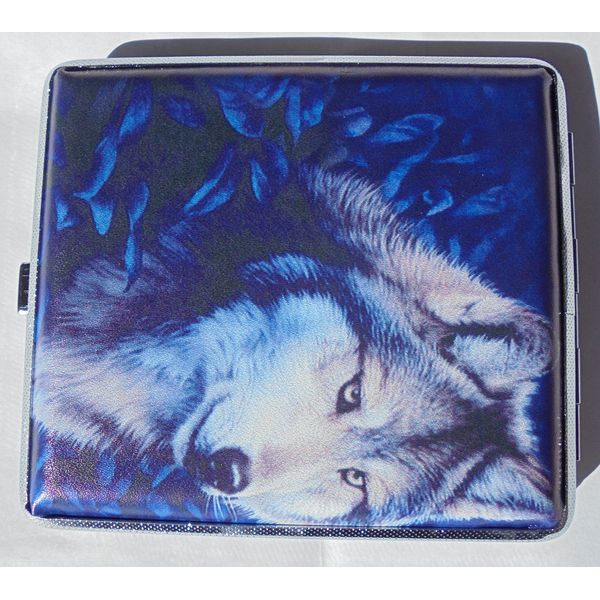 Metal Frame Cigarette Case Wolf Design - Book Open Style - Fits 100s