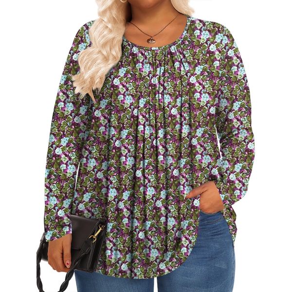 PEVRL Plus Size Tops for Women Long Sleeve Shirts Fall Tunic Loose Fit Dressy Casual Blouse Dark Green Flowers 5x