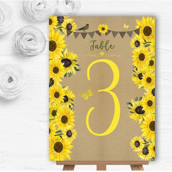 Rustic Sunflowers Vintage Personalised Wedding Table Number Name Cards