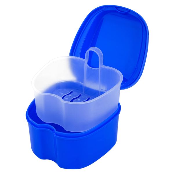 Heveer Denture Bath Case Dental Retainer Box Portable Denture Container with Strainer for False Teeth Storage Soaking Cleaning Dark Blue