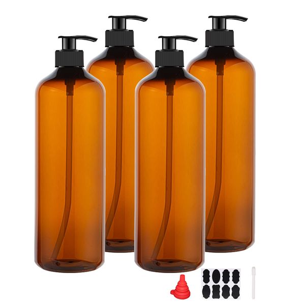 4 Pack 32 OZ Empty Plastic Pump Bottles with 1 Pen, Labels & Silicone Funnel, Amber Empty Shampoo Bottles with Pumps for Body Wash, Shampoo, Massage Lotion, Gel by zmybcpack