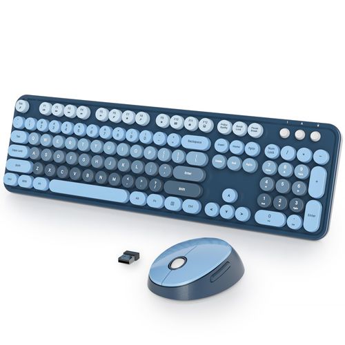 Fogruaden Blue Keyboard and Mouse Wireless, Retro Typewriter Keyboard, 2.4GHz 104 Keys Full Size Cute Keyboard with Number Pad, Gradient Colorful Round Keycaps for Windows PC Desktops Laptop