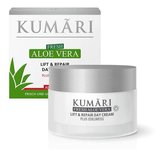 KUMARI Lift & Repair Day Cream mit Aloe Vera + Edelweiss strafft die Haut & glättet Fältchen – vegane Anti-Aging Tagescreme mit 70% unverdünntem BIO Aloe Vera Pflanzensaft (50ml)