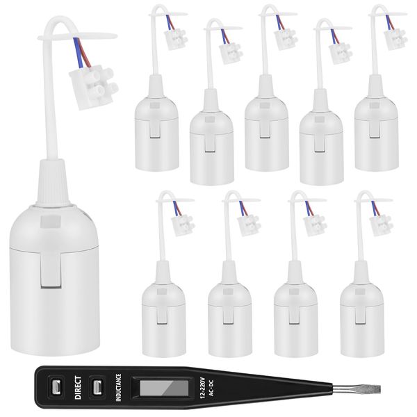 AUAUY 10 Pack E27 Renovation Socket, Lamp Holder with Cable, Construction Site Socket E27 + VDE Voltage Tester, E27 Lamp Socket with Plug-in Clamp, E27 Replacement Construction Lamp Socket, White