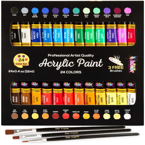 KOLOR KINGDOM Acrylic Paint Set 24 Colours Canvas Paint Kit with 3 Paint Brushes for Crafts,Kids Paints, Paper, Rock Painting, Wood,Ceramic & Fabric Vibrant Colors