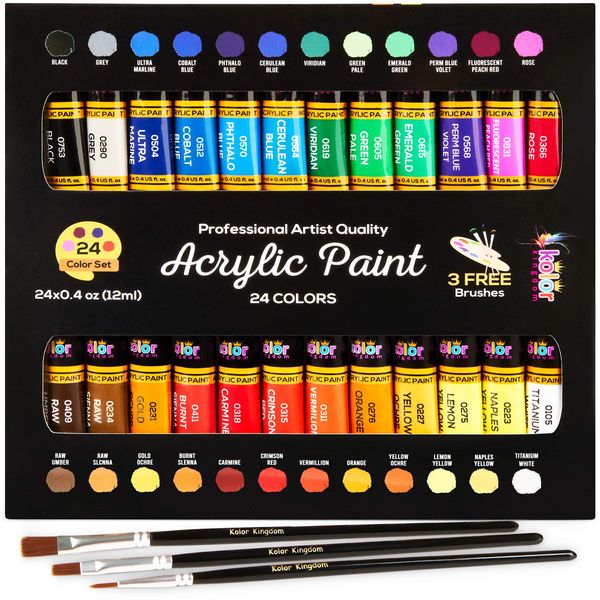 KOLOR KINGDOM Acrylic Paint Set 24 Colours Canvas Paint Kit with 3 Paint Brushes for Crafts,Kids Paints, Paper, Rock Painting, Wood,Ceramic & Fabric Vibrant Colors