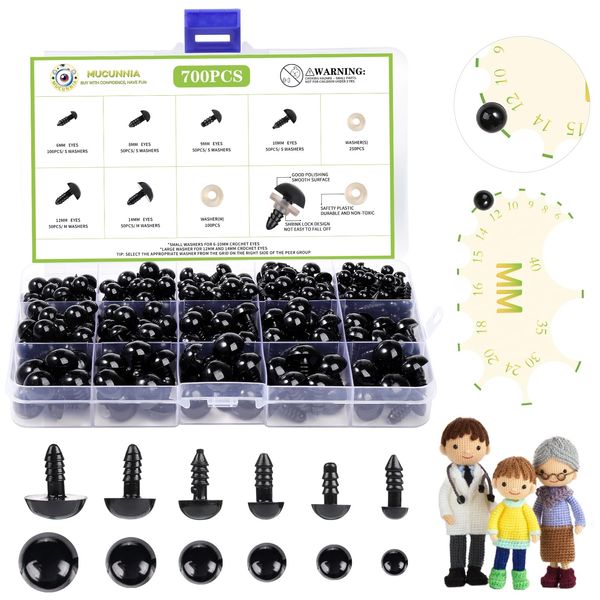 700 Pcs Safety Eyes for Amigurumi Crochet Toys 6-14mm Black Plastic Craft Safety Eyes with Washers Doll Eyes for Stuffed Animals DIY Making Soft Toy Crafts Decorations