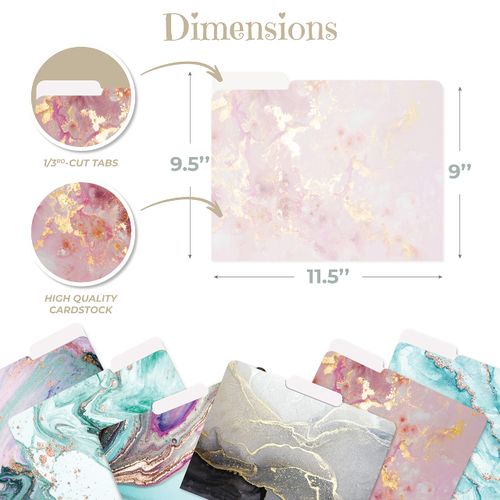 Better Office Products Decorative File Folders, 12 Pack, 6 Designs, Heavyweight, Letter Size (9.5" x 11.5") with 1/3 Cut Tab, Marble Designs, Fashion Folders