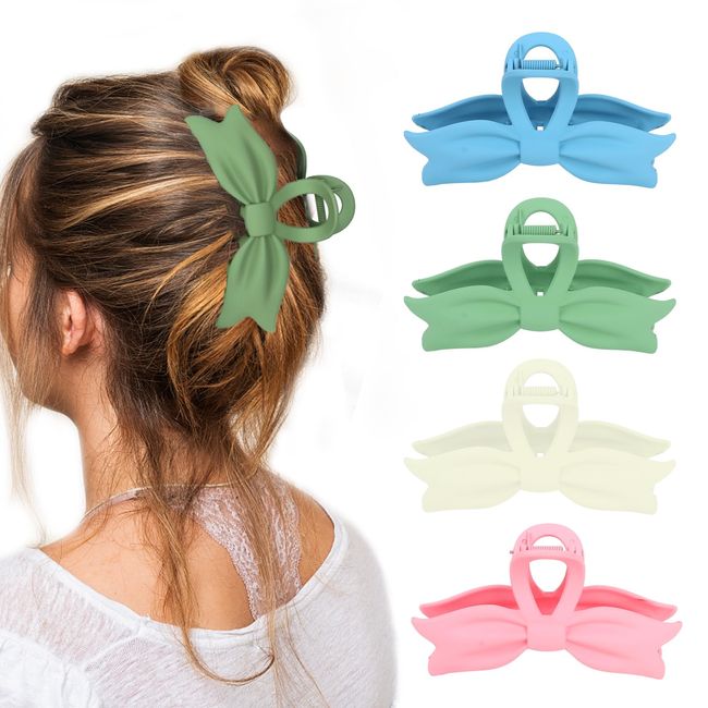 Amariver 4 Packs Large Claw Clips for Women Bow Hair Claws Non-slip Big Strong Hold Hair Claw Clips Pink Cream Blue Green Hair Clips Stylish Hair Accessories for Women