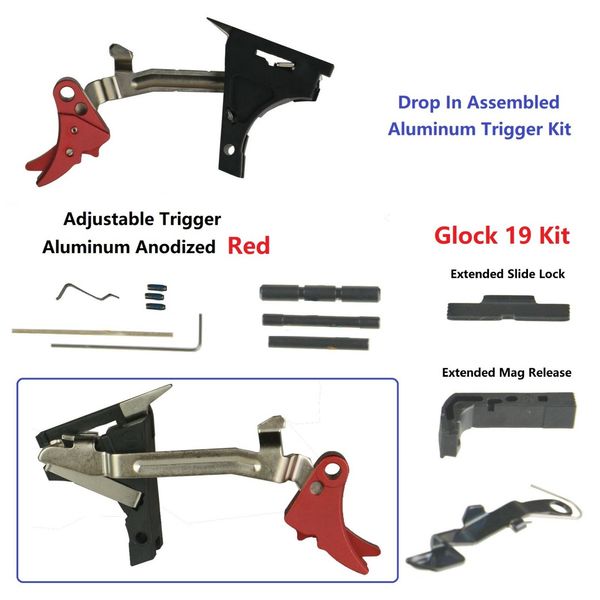 Lower Part Kit  Al Red Adj Trigger, Extended Release & Slide Lock Fits Glock 19 