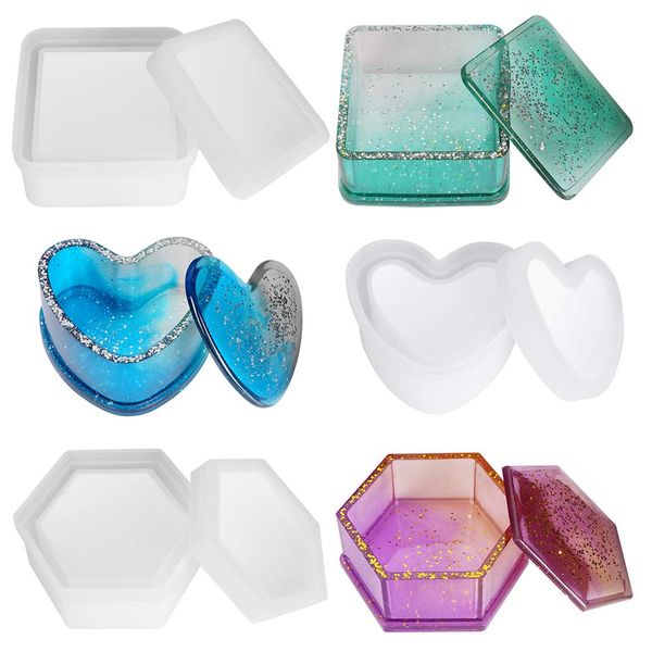 Box Resin Moulds,Outivity Jewelry Box Molds with Hexagon Epoxy Resin Moulds Heart Shape Silicone Resin Mold and Square Storage Box Mould for Making Resin Casting Crafts Decoration