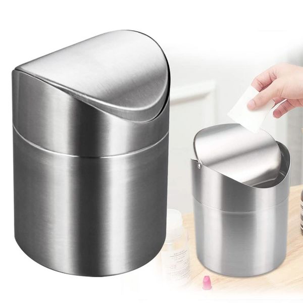 UTRUGAN Mini Desktop Bin Brushed Stainless Steel Small Desk Bin Mini Dustbin with Swing Lid Desktop Trash Can Countertop Waste Caddy for Office Bedroom Bathroom Kitchen Car (12 * 12 * 16.5CM, 1.5L)