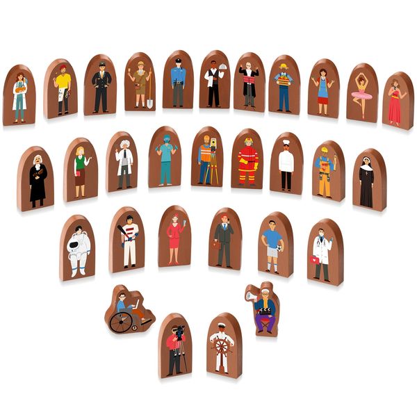 Qunclay Set of 30 Wooden Community Helpers Toys Wood Multicultural Career Figures Culturally Diverse Wooden Blocks Small Wooden People Figurines for Classroom Diversity Block Play (Brown)