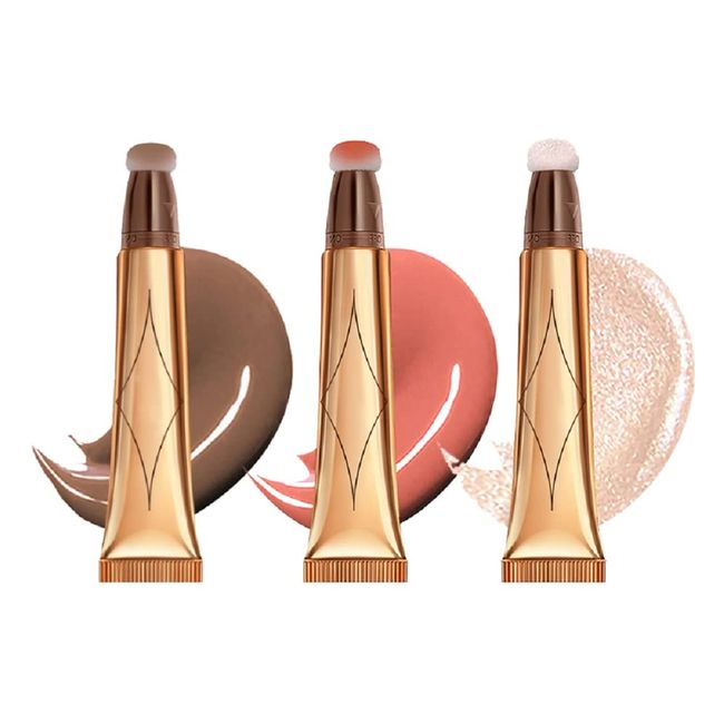 3 Color Contour Beauty Wand, Highlighter ，Blush，Face Concealer Contouring with Cushion Applicator Long Lasting & Smooth Matte Finish Liquid Illuminator Makeup Stick . (01#Contour +02#Blush+04#Highlighter)